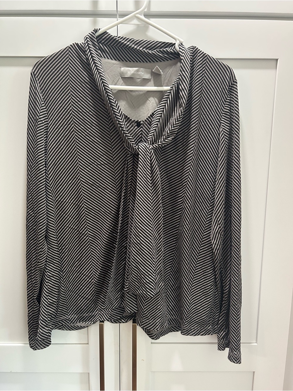 Liz Claiborne Black & White Striped Tie-Neck Blouse